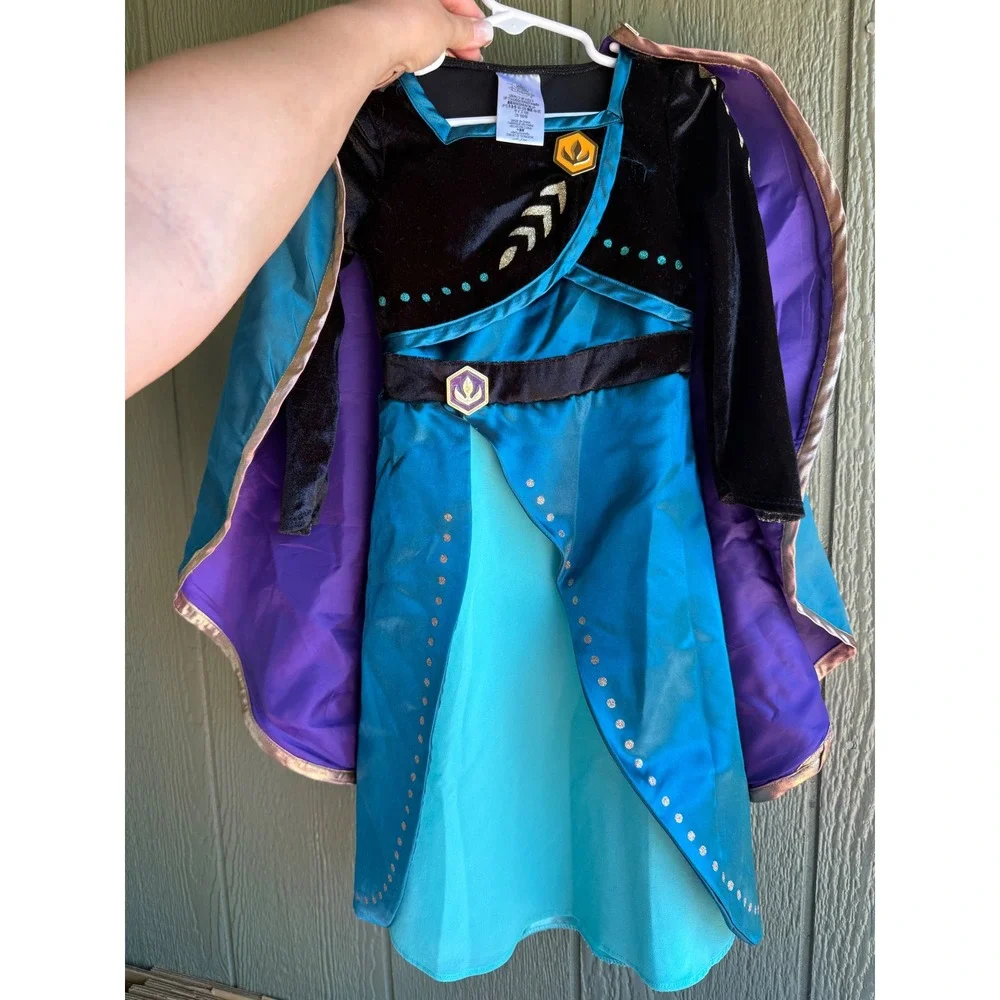 Disney Frozen 2 Queen Anna Costume Dress Girls Size 3 Teal Velvet Cape Halloween